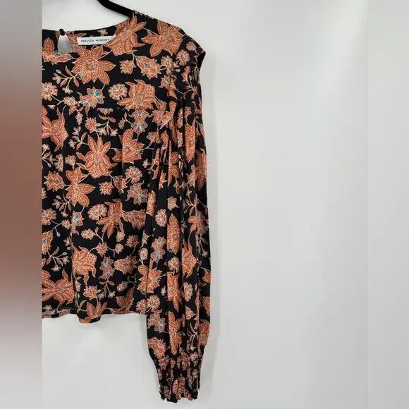 Rebecca Minkoff Floral Blouse Top Ruffle Shoulder Smocked Sleeve Flower Large - Picture 6 of 12